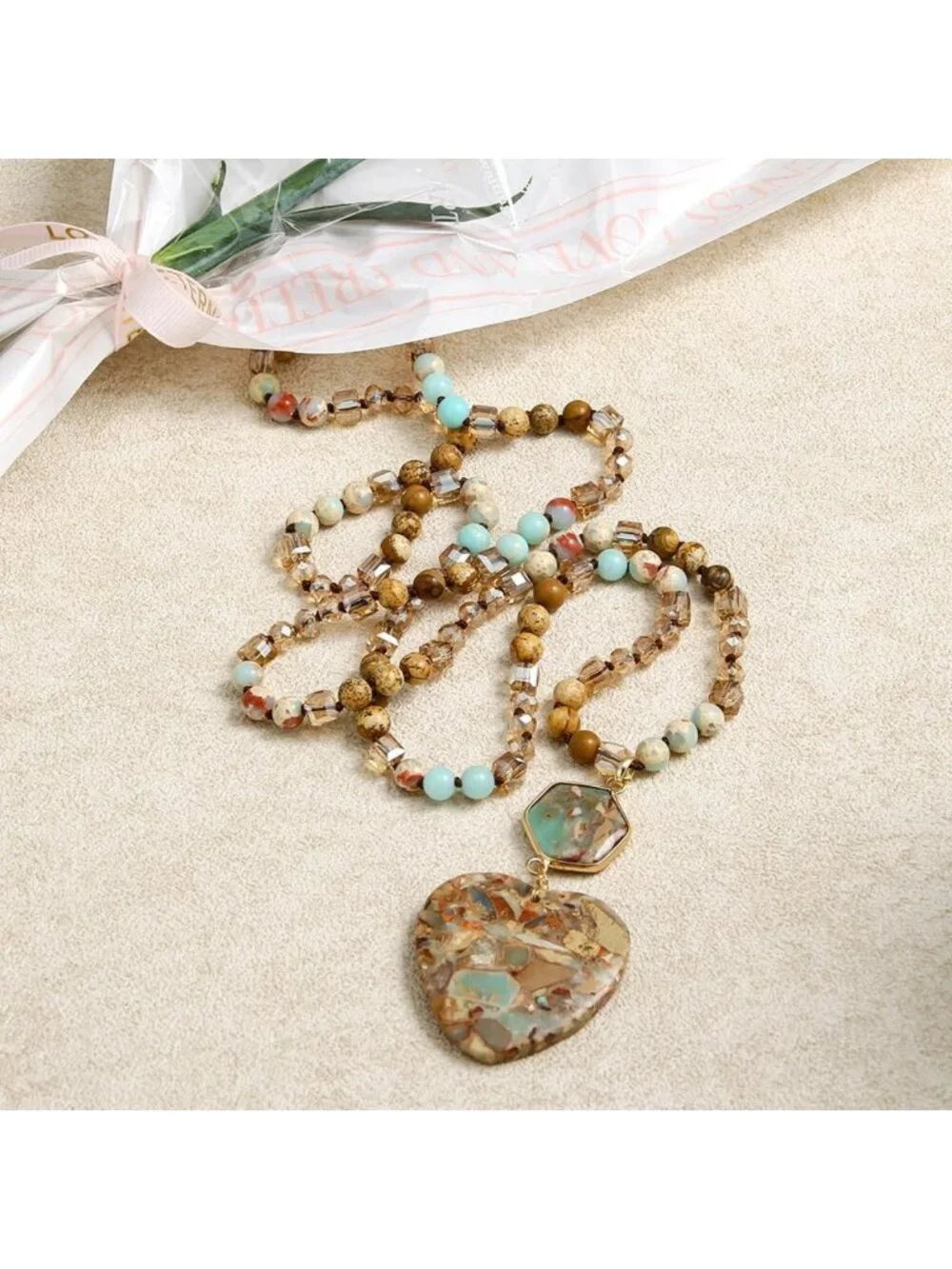 Boho Beaded Stone Pendant Necklace for Women & Men - Natural Turquoise & Tiger